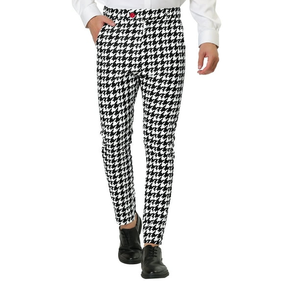 INSPIRE CHIC Men's Casual Geometric Printed Color Block Flat Front Dress Pants 36 Black White