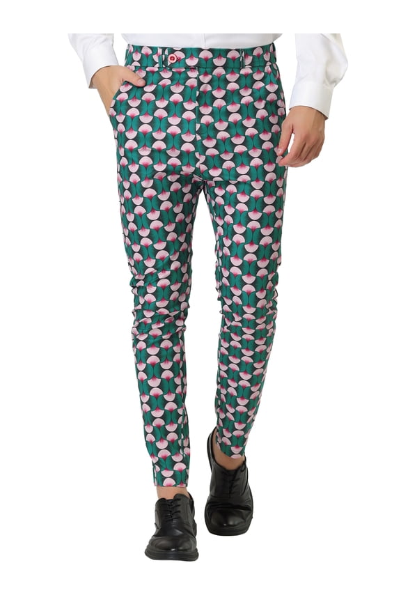 Men's Casual Geometric Printed Color Block Flat Front Dress Pants 36 Green