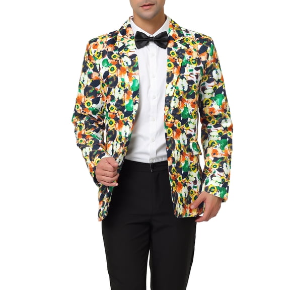 INSPIRE CHIC Men's Suit Jacket Floral Print Notched Lapel Casual One Button Blazer 34 Green White