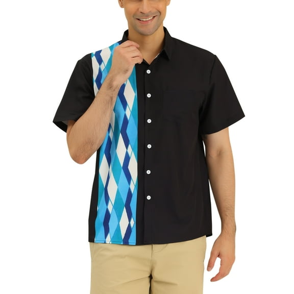 INSPIRE CHIC Men's Casual Printed Color Block Point Collar Short Sleeves Shirts XL Black Blue