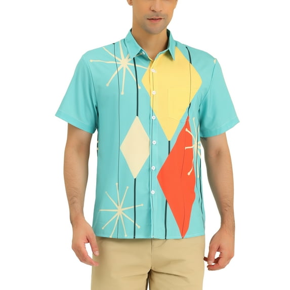 Lars Amadeus Men's Casual Printed Color Block Point Collar Short Sleeves Shirts