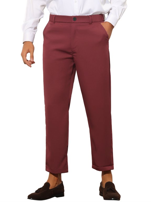 Men's Casual Solid Color Flat Front Cropped Ankle-Length Dress Pants Burgundy 30