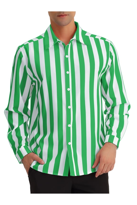Men's Shirts Vertical Striped Long Sleeve Button Up Regular Fit Casual Shirt L Green White