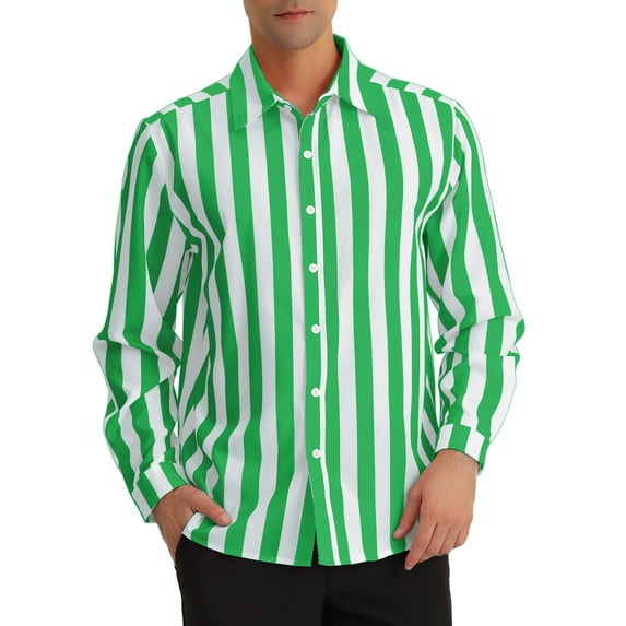 INSPIRE CHIC Men's Shirts Vertical Striped Long Sleeve Button Up Regular Fit Casual Shirt XL Green White