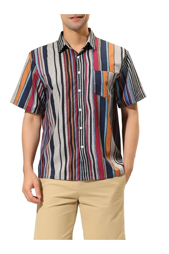 Men's Casual Summer Beach Short Sleeves Button Down Striped Shirt 2XL Multicolor