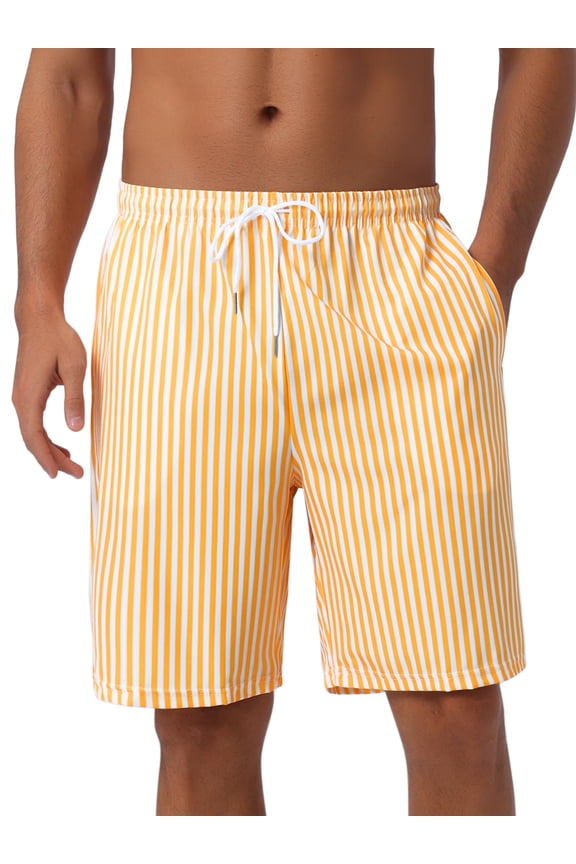 Men's Casual Summer Holiday Drawstring Waist Beach Striped Swimwear Shorts 30 Yellow