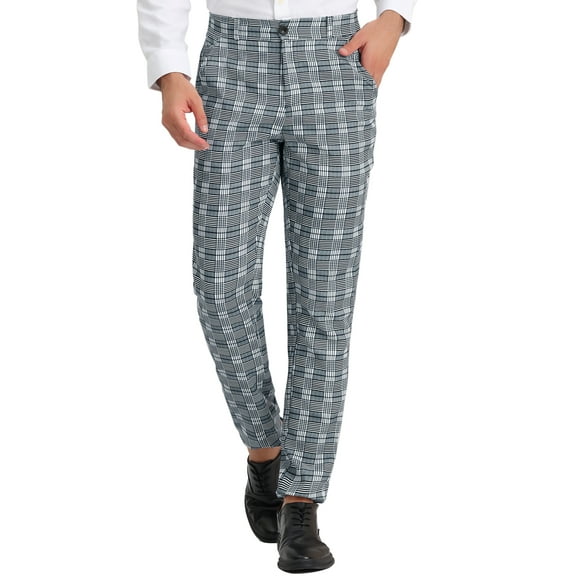 INSPIRE CHIC Men's Pant Checked Prom Formal Regular Fit Suit Pant 30 Gray White