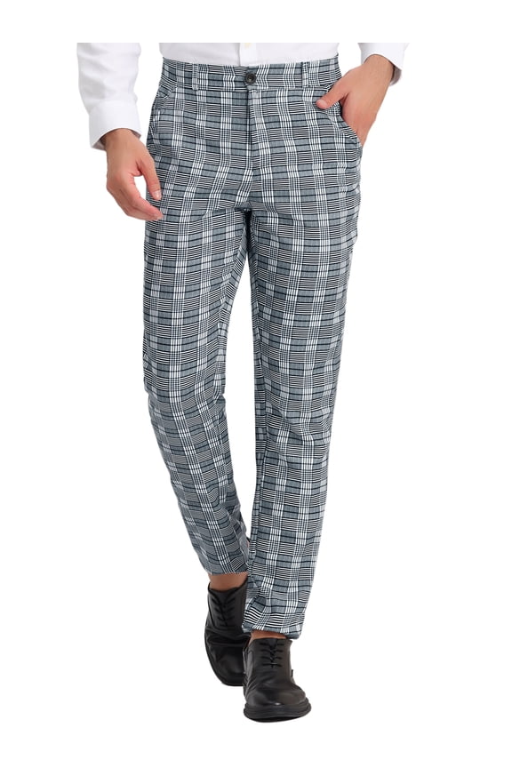 Men's Pant Checked Prom Formal Regular Fit Suit Pant 30 Gray White