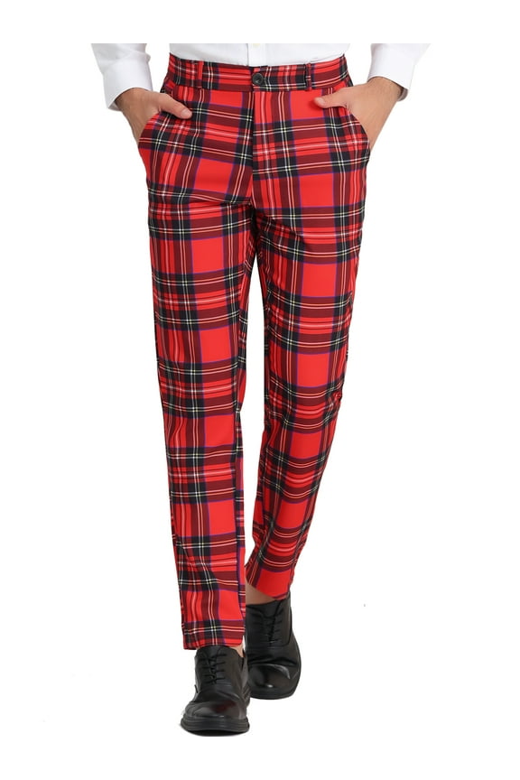 Men's Pants Plaid Elastic Waist Stretch Flat Front Dress Pants 38 Dark Red