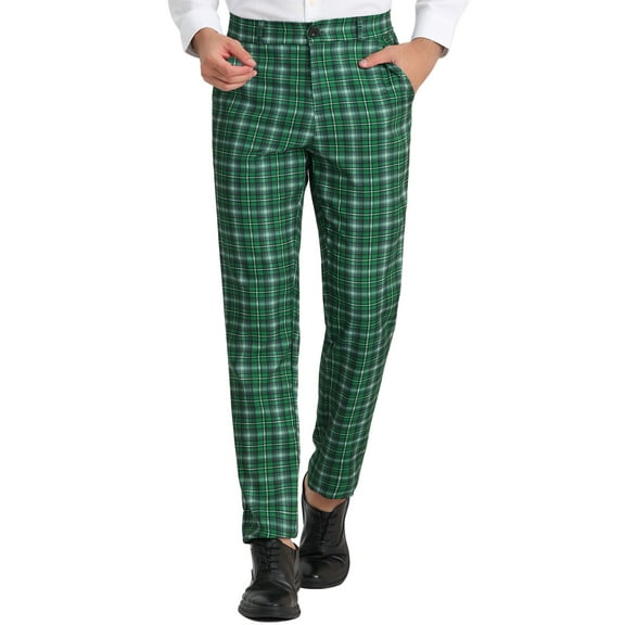 INSPIRE CHIC Men's Pants Plaid Elastic Waist Stretch Flat Front Dress Pants 34 Dark Green