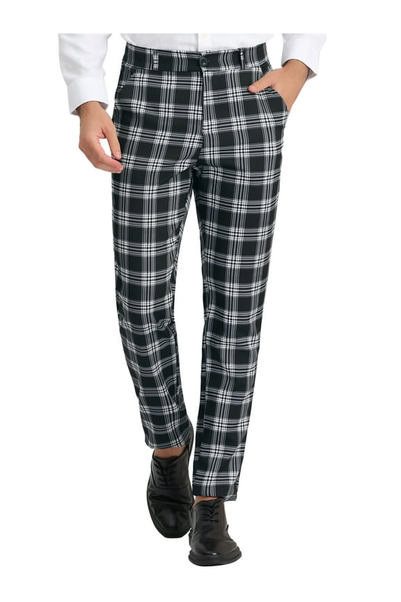 Men's Pants Plaid Elastic Waist Stretch Flat Front Dress Pants 38 Black