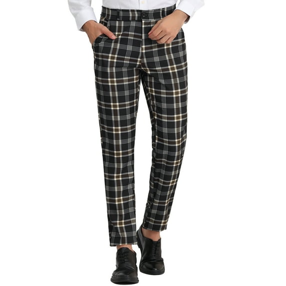 Lars Amadeus Men's Checked Suit Pants Flat Front Elastic Waist Plaid Pants