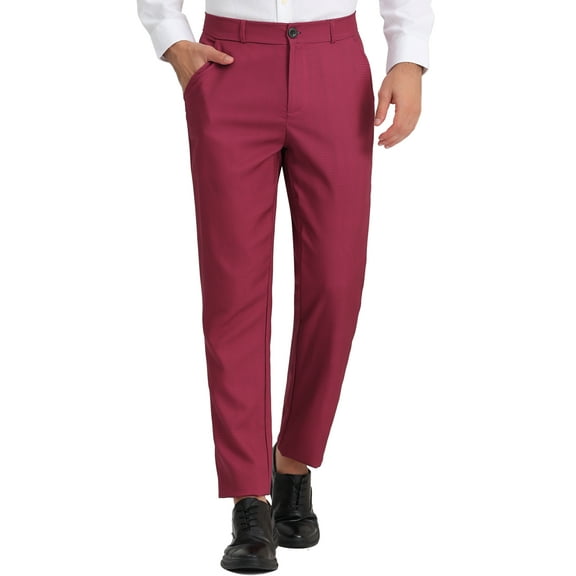 INSPIRE CHIC Men's Pants Plaid Elastic Waist Stretch Flat Front Dress Pants 38 Burgundy