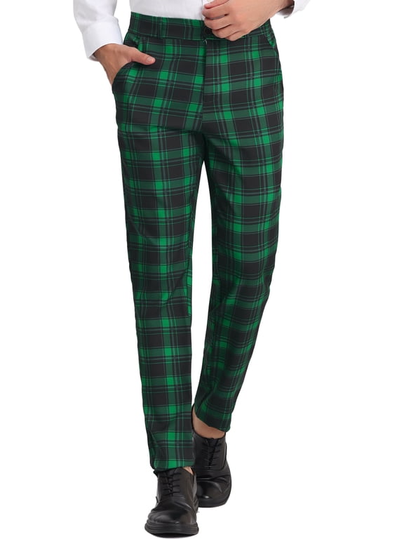 Men's Pants Plaid Elastic Waist Stretch Flat Front Dress Pants 28 Green
