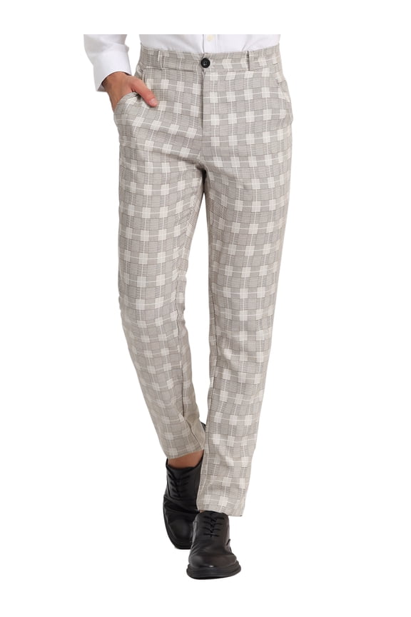 Men's Classic Plaid Dress Flat Front Checked Office Prom Trousers 30 Khaki