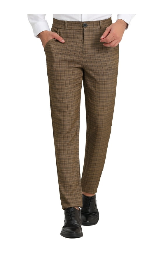 Men's Classic Plaid Dress Flat Front Checked Office Prom Trousers 38 Brown