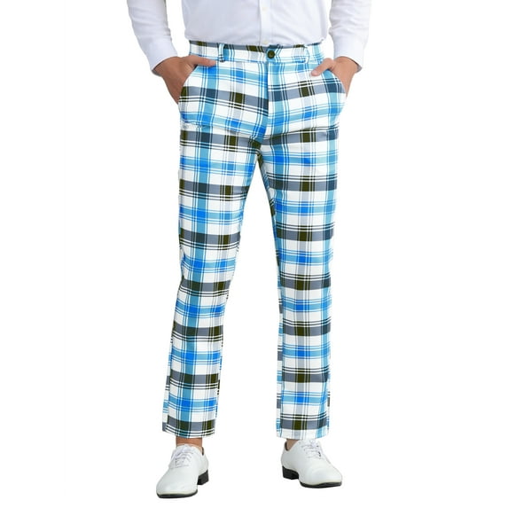 INSPIRE CHIC Men's Classic Plaid Dress Flat Front Checked Office Prom Trousers 38 Light Blue