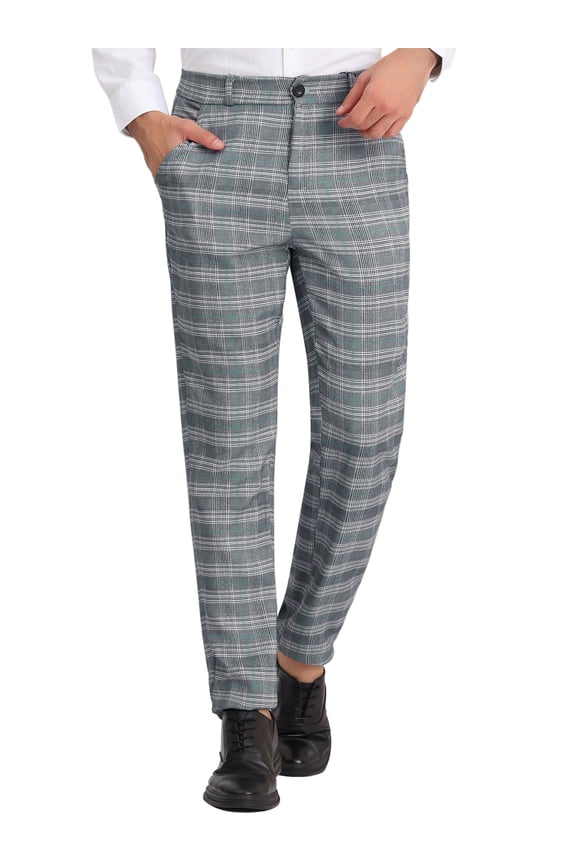 Men's Classic Plaid Dress Flat Front Checked Office Prom Trousers 30 Gray Green