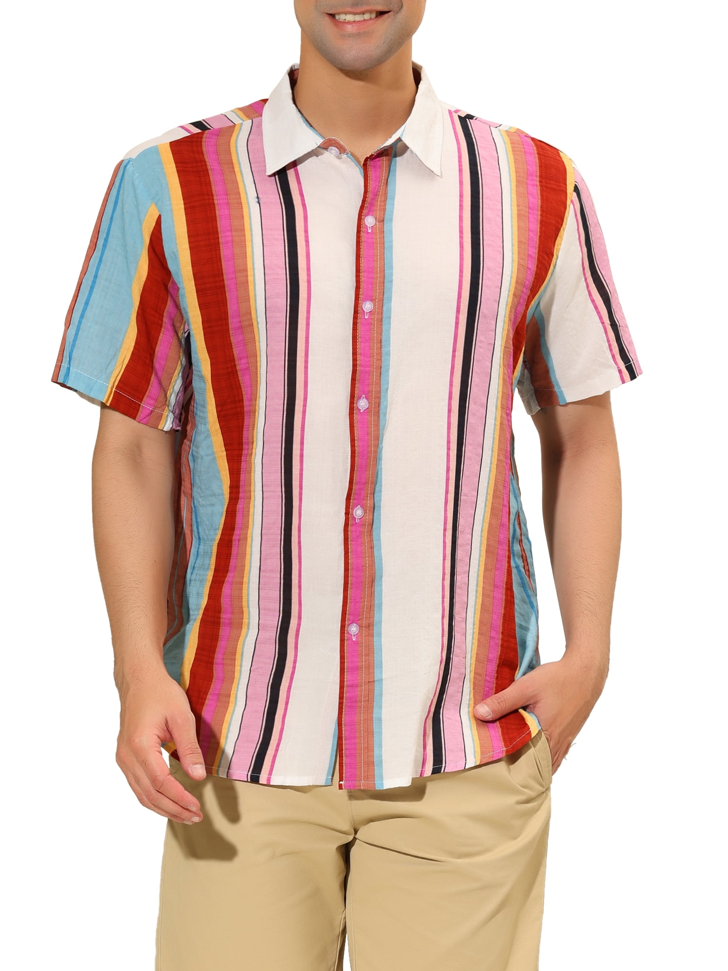 Lars Amadeus Men's Color Block Short Sleeved Irregular Vertical Striped  Shirt