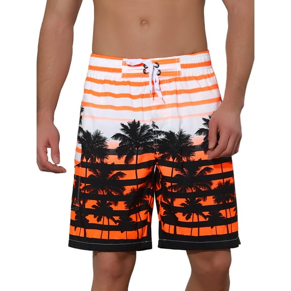 INSPIRE CHIC Men's Color Block Tropical Trees Printed Striped Beach Shorts 30 Orange