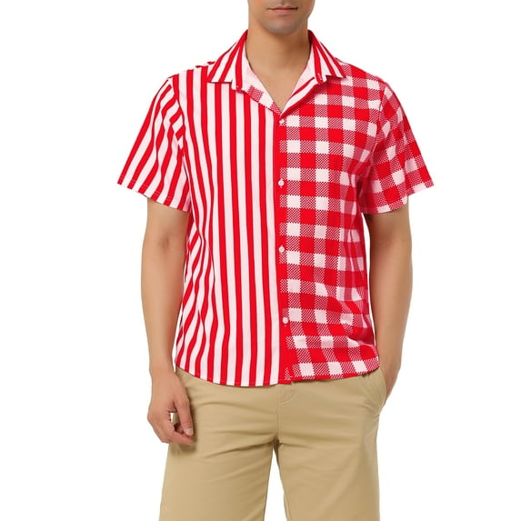 INSPIRE CHIC Men's Contrast Color Short Sleeve Button Down Printed Striped Plaid Shirt Red White XL
