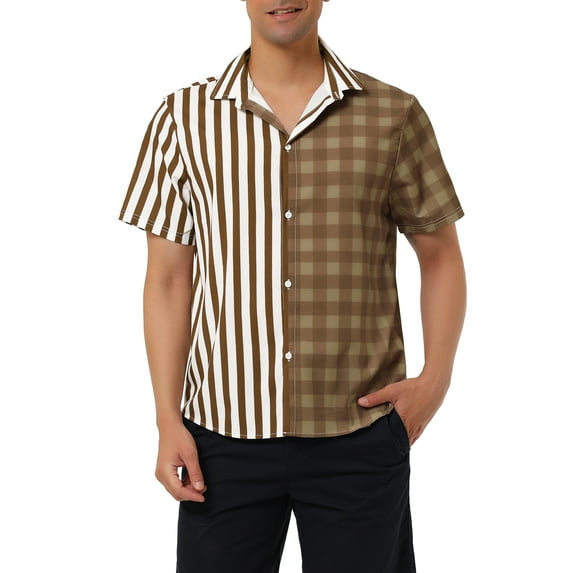 Lars Amadeus Men's Contrast Color Short Sleeve Button Down Printed Striped Plaid Shirt