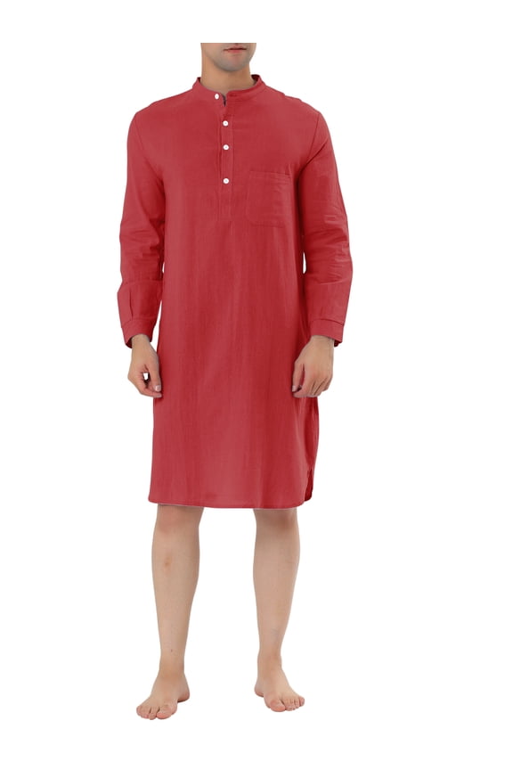 Men's Sleepshirt Banded Henley Collar Shirt Pajamas Nightgown M Red
