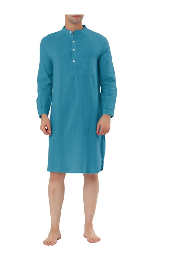 Men's Sleepshirt Banded Henley Collar  Shirt Pajamas Nightgown 2XL Lake Blue