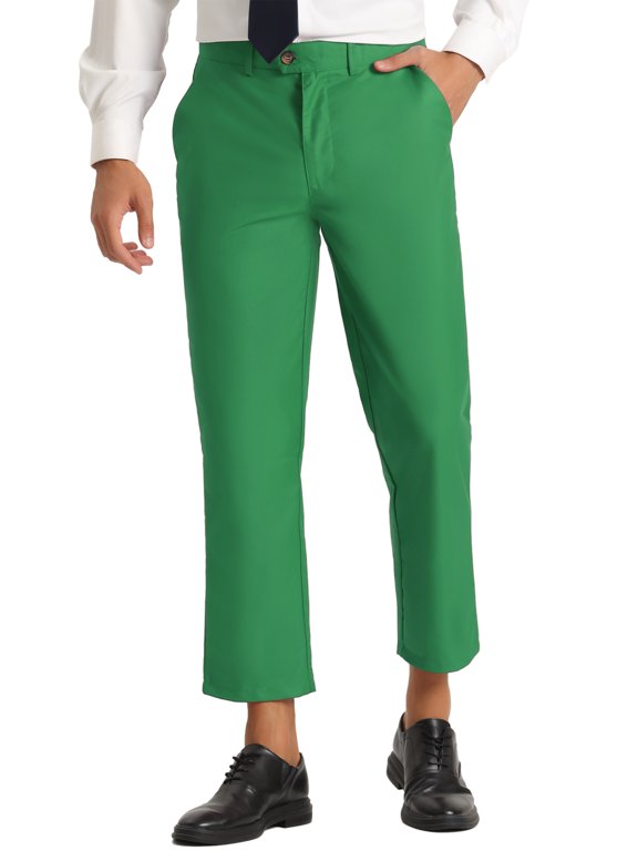 Men's Pants Solid Color Ankle Length Flat Front Trousers 30 Green