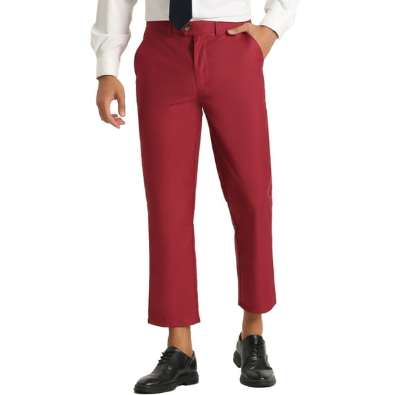 INSPIRE CHIC Men's Cropped Dress Pants Flat Front Ankle-Length Trousers 28 Burgundy