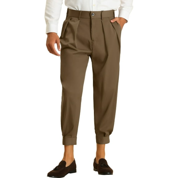 INSPIRE CHIC Men's Cropped Formal Solid Color Double Pleated Dress Pants 34 Brown