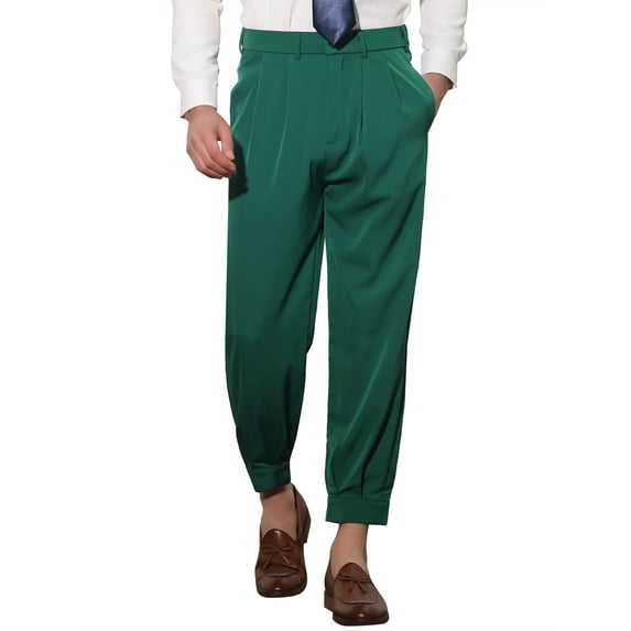 INSPIRE CHIC Men's Cropped Formal Solid Color Double Pleated Dress Pants 30 Dark Green