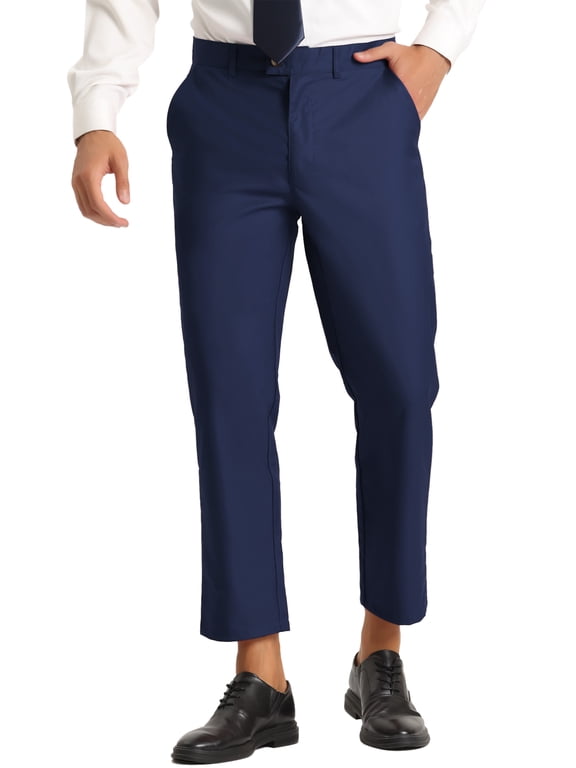 Men's Cropped Pants Slim Fit Flat Front Ankle-Length Dress Pants 28 Navy Blue