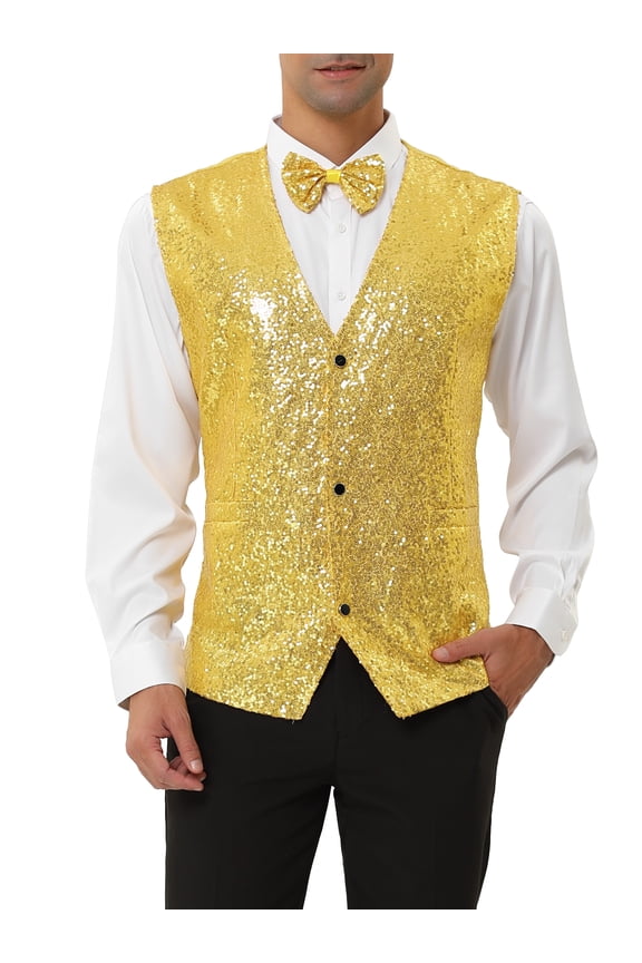 Men's Disco Shiny Sequin Vest Suit Waistcoat Set with Bow Tie S Golden