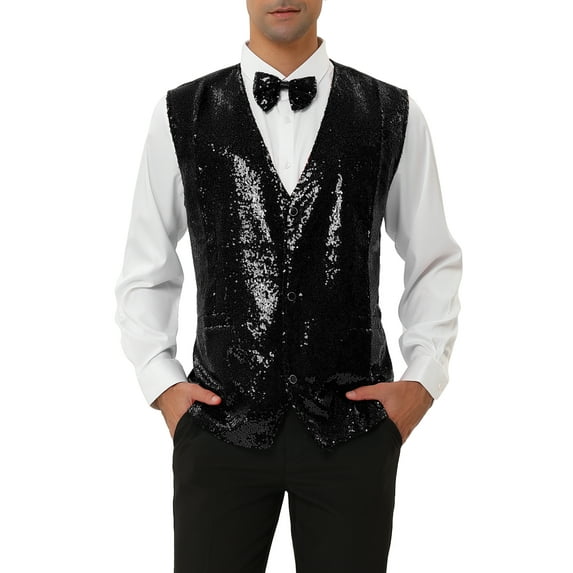 INSPIRE CHIC Men's Disco Shiny Sequin Vest Suit Waistcoat Set with Bow Tie M Black