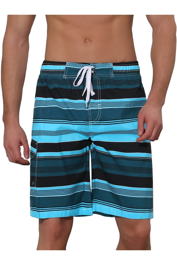 Men's Drawstring Stripes Printed Color Block Beach Pool Board Shorts 36 Blue