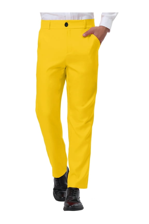 Men's Pants Dress Business Classic Fit Flat Front Solid Trousers 38 Yellow