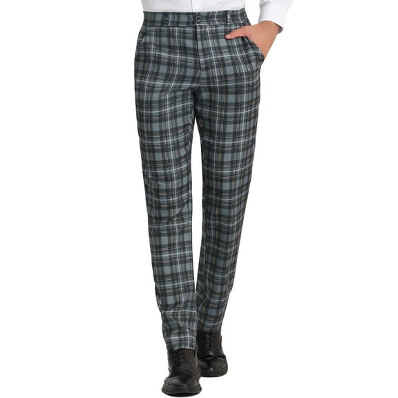 INSPIRE CHIC Men's Dress Checked Flat Front Business Plaid Formal Pants 30 Black Gray