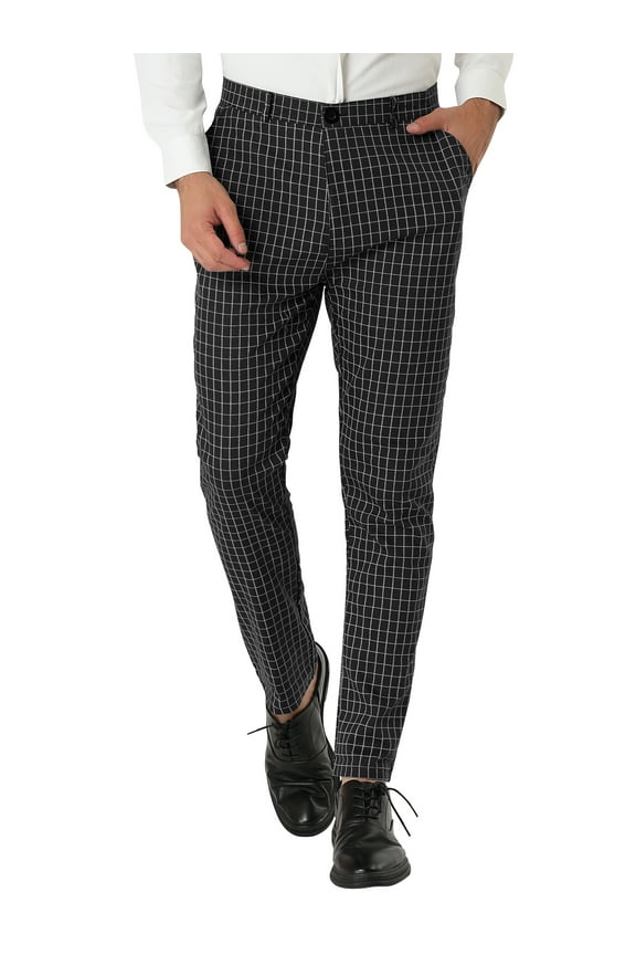 Men's Business Pants Checked Printed Slim Fit Flat Front Plaid Dress Trousers 34 Black White