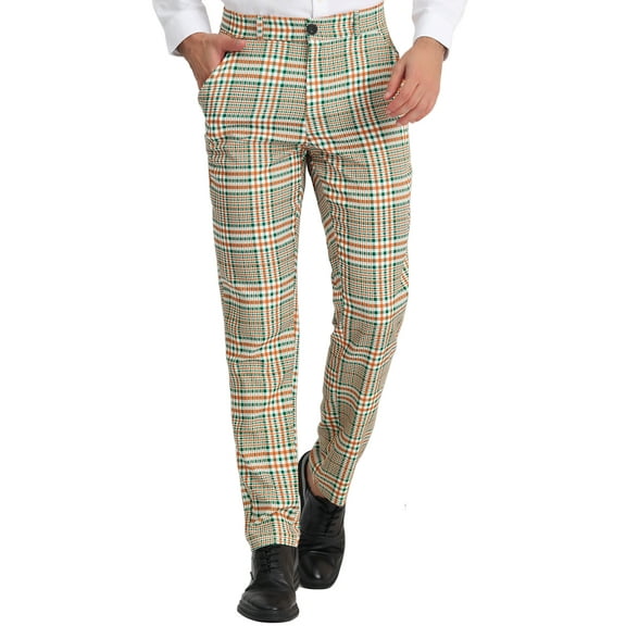 INSPIRE CHIC Men's Dress Pant Flat Front Stretch Business Plaid Pants 28 Green Orange