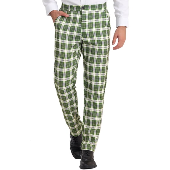 INSPIRE CHIC Men's Dress Pant Flat Front Stretch Business Plaid Pants 38 Green Beige