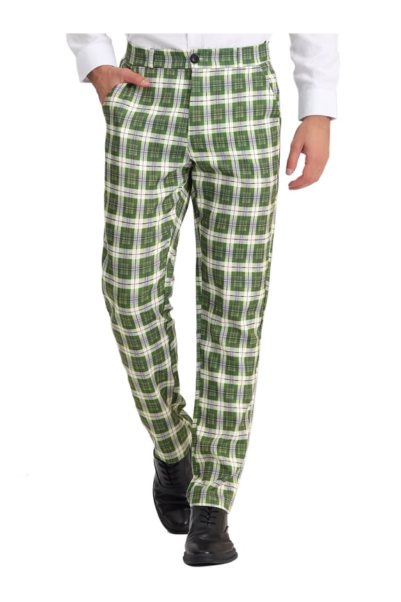 Men's Dress Pant Flat Front Stretch Business Plaid One Button Pants 38 Green Beige