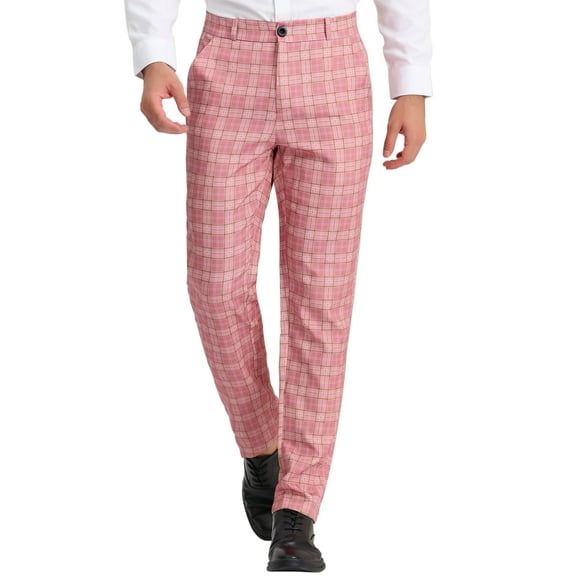 INSPIRE CHIC Men's Dress Pant Flat Front Stretch Business Plaid Pants 36 Pink White