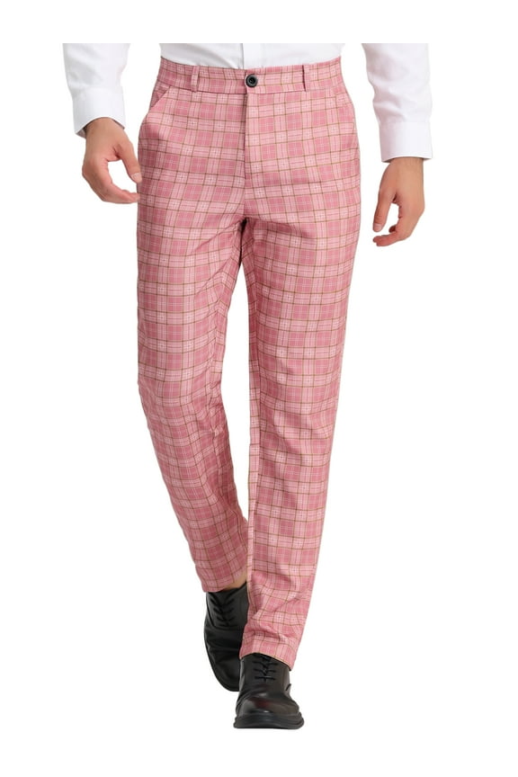 Men's Dress Pant Flat Front Stretch Business Plaid Pants 36 Pink White