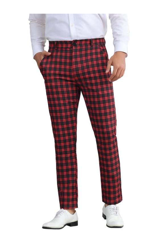 Men's Pants Plaid Casual Regular Fit Flat Front Stretch Checked Trousers 28 Black Red