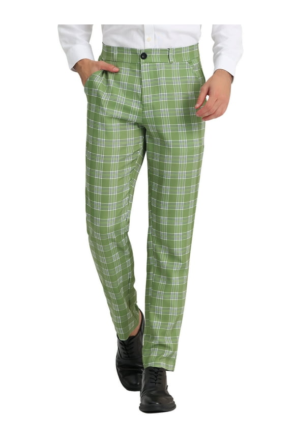 Men's Pants Plaid Casual Regular Fit Flat Front Stretch Checked Trousers 28 Green White