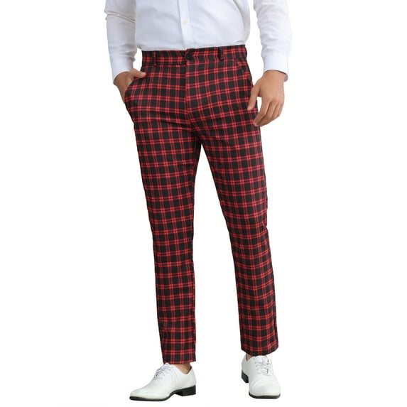 INSPIRE CHIC Men's Pants Plaid Casual Regular Fit Flat Front Stretch Checked Trousers 32 Black Red