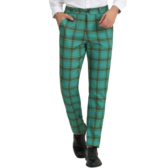 INSPIRE CHIC Men's Pants Plaid Casual Regular Fit Flat Front Stretch Checked Trousers 32 Green Yellow
