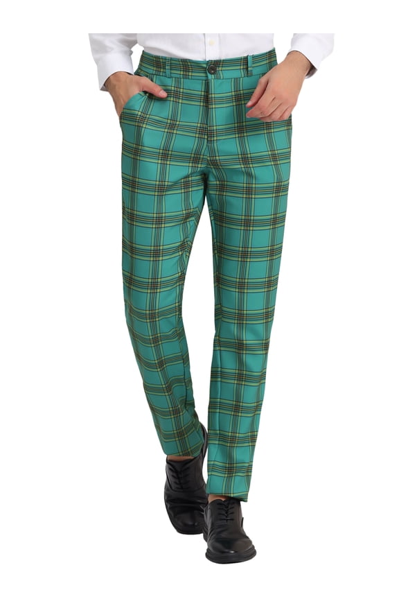 Men's Pants Plaid Casual Regular Fit Flat Front Stretch Checked Trousers 32 Green Yellow