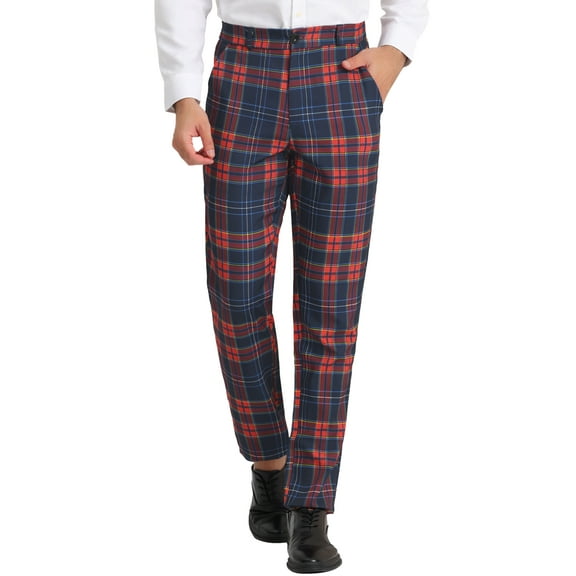 INSPIRE CHIC Men's Pants Plaid Casual Regular Fit Flat Front Stretch Checked Trousers 36 Navy Red
